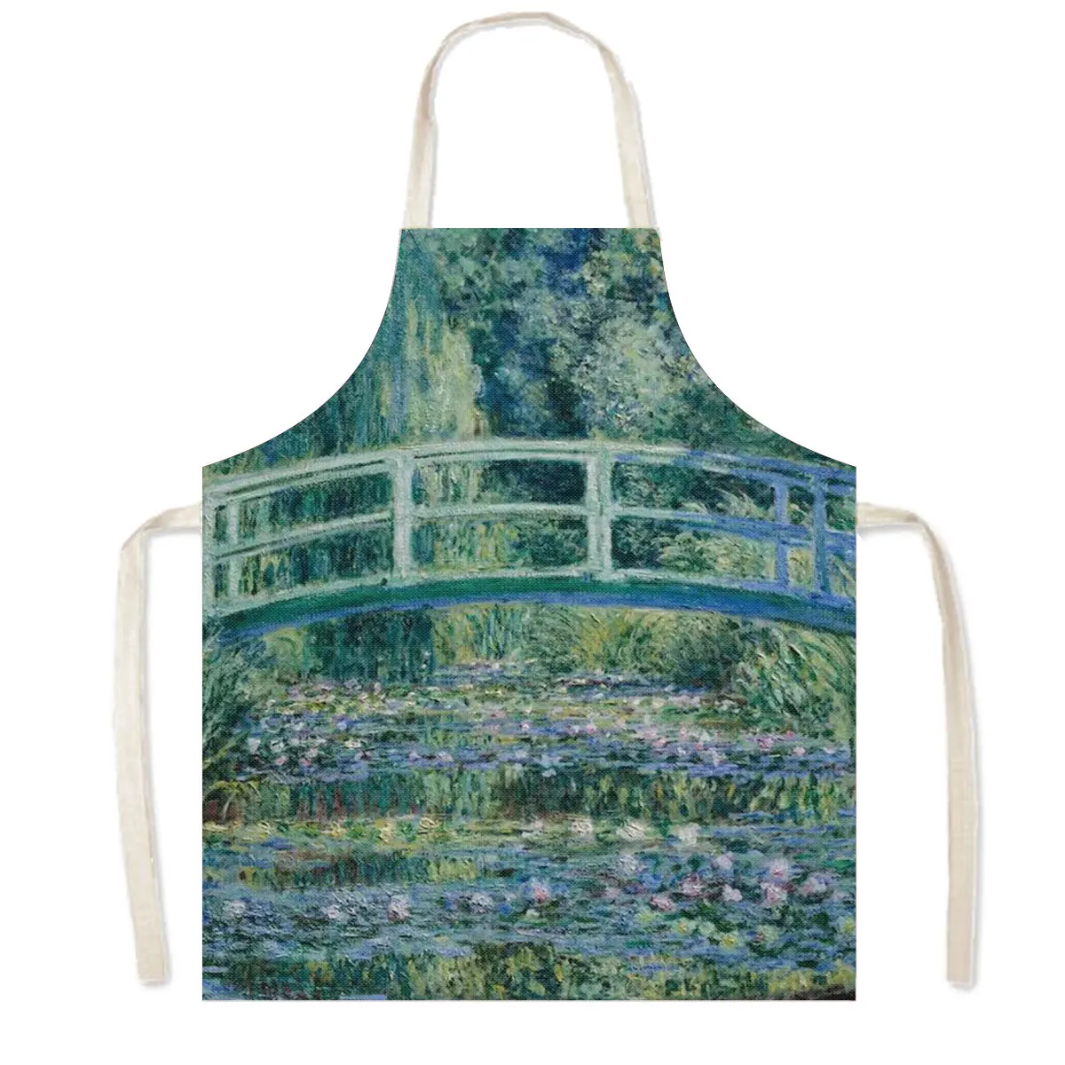 Famous Oil Painting By Claude Monet Kitchen Aprons Waterlily Lotus Flower Pinafore Home Cleaning Clothing Chef Cooking Apron