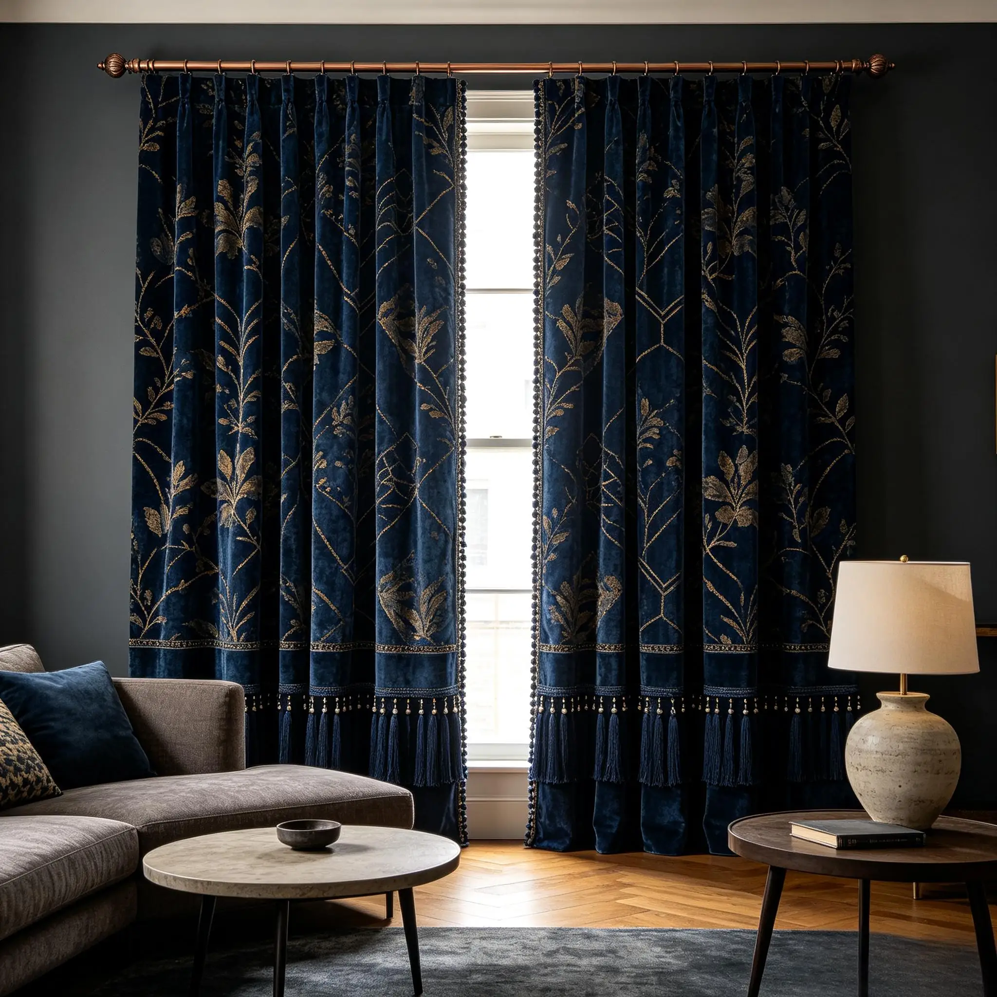 200216   Modern retro living room deep indigo velvet abstract jacquard tassel pendant