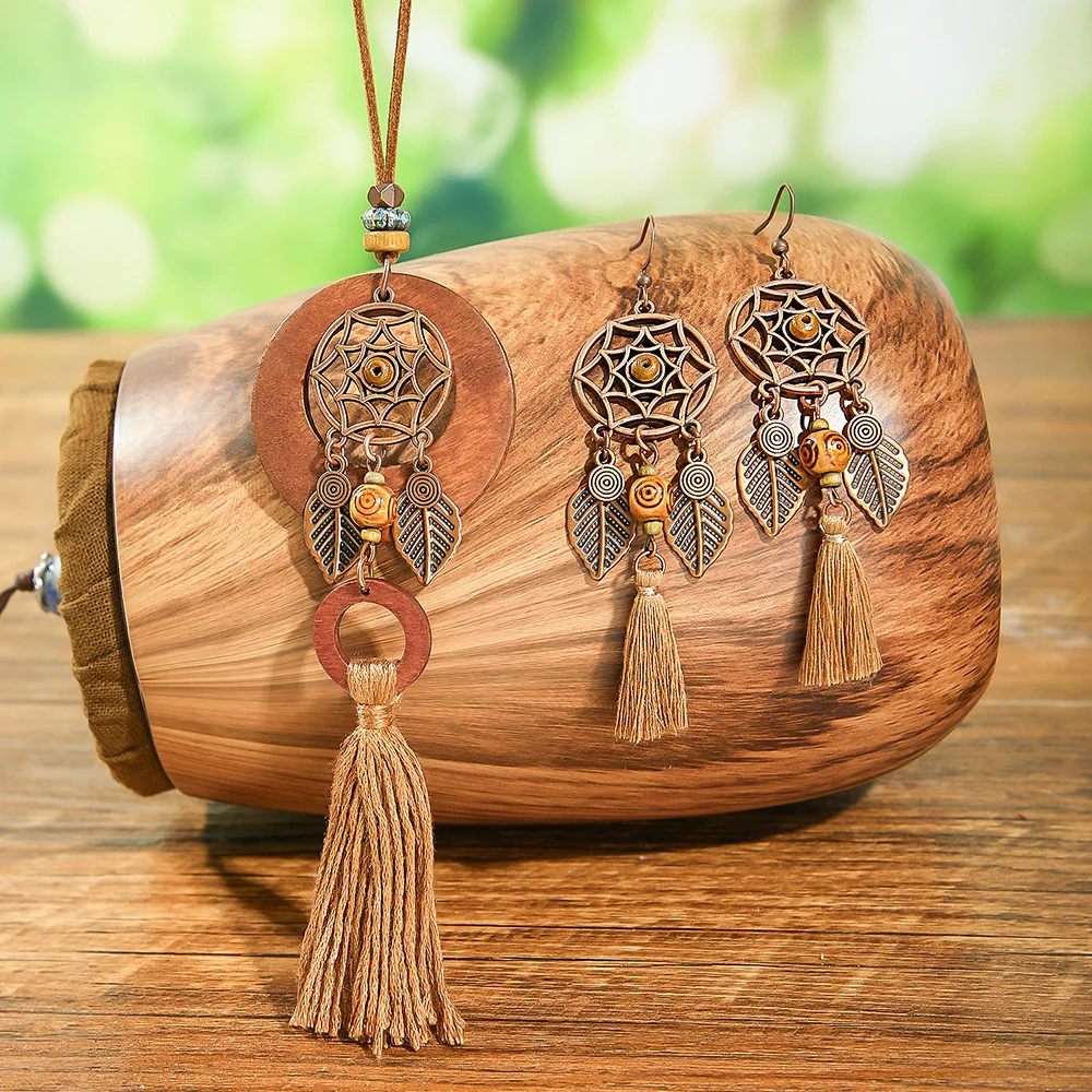 3pcs Vintage Coffee Brown Earrings Necklace Set for Women Pendent Tassel Sweater Chain Catcher Dream Design Party Decors Gifts