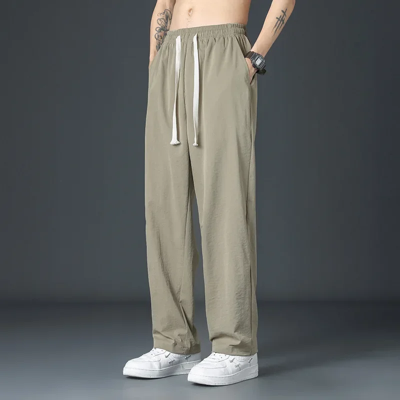 

Мужские летние тонкие брюки из ледяного шелка, свободные прямые широкие брюки, мужские спортивные быстросохнущие дышащие повседневные брюки