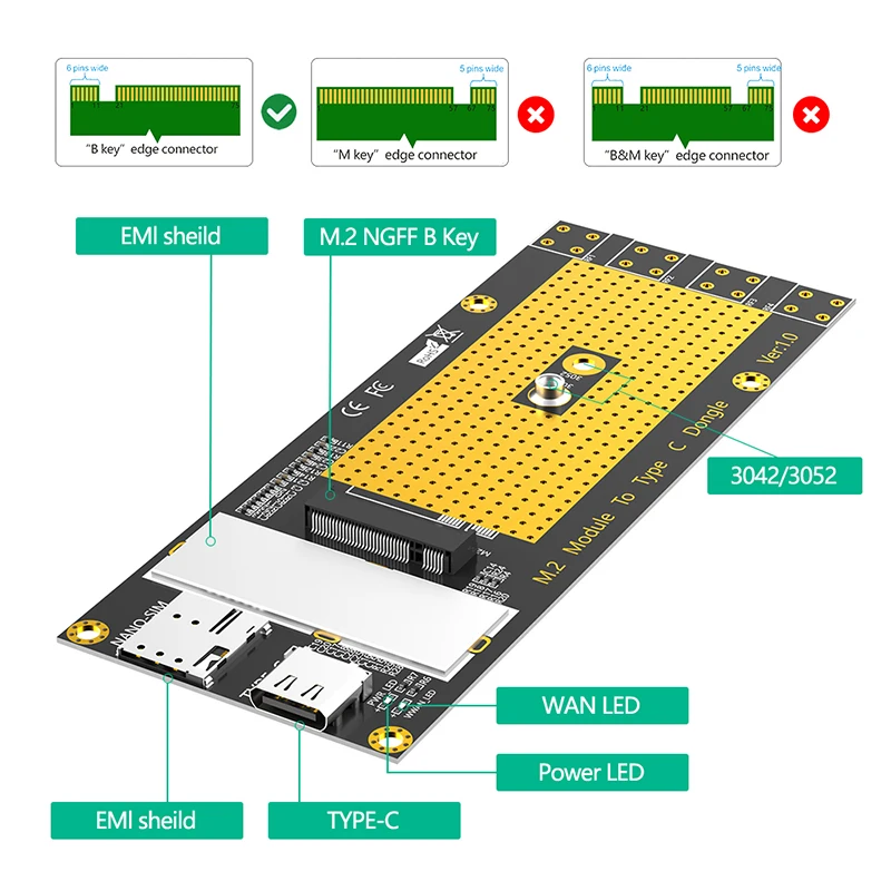 M.2 NGFF B Key 3G/4G/5G Module to Type C Adapter Card Riser NANO SIM Slot with USB 3.0 Cable Support RM500Q RM500U GM800 SIM8200