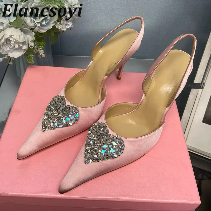 

Pointed Toe Satin Silk Back Strap Pumps Women Shiny Crystal Decoration Exposed Heel Sandals Spring/Summer Party Dress Shoes