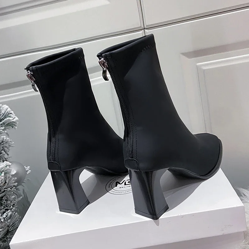 Botas de salto quadrado de meia-panturrilha para mulheres, botas de zíper quadrado Toe, sapatos modernos para senhoras, venda quente, inverno, 2024