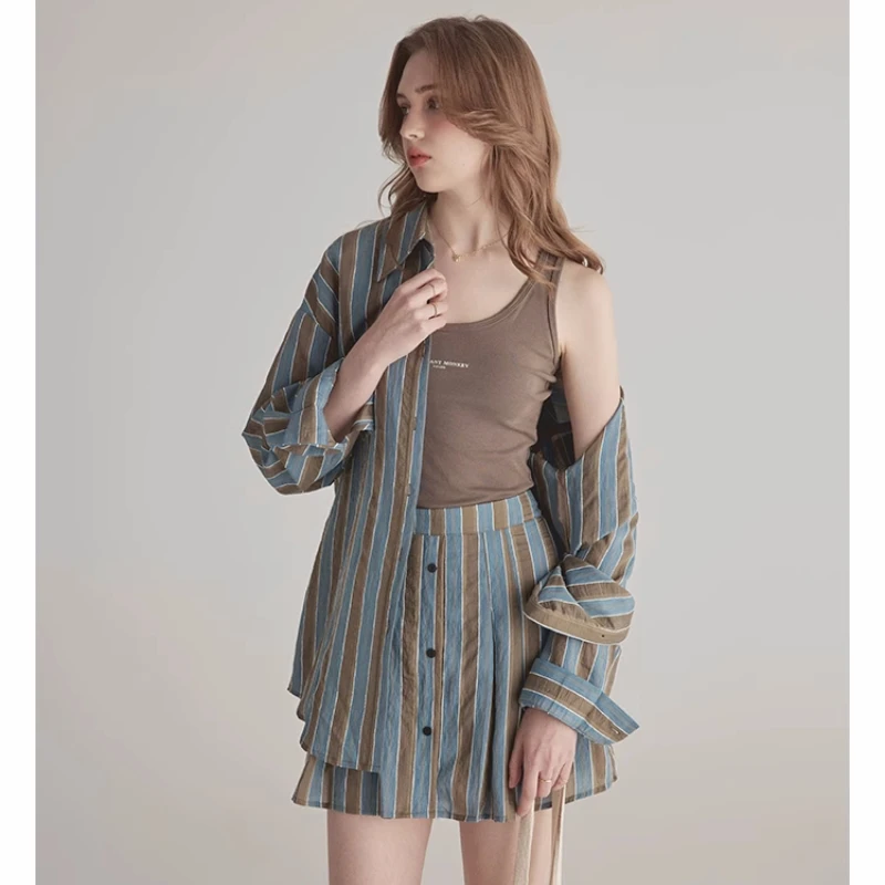 Striped Shirt Set, Women'S New Summer Pleated Design, Loose Fitting Sun Protection Shirt, Half Body Pleated Skirt, Commuting Cas