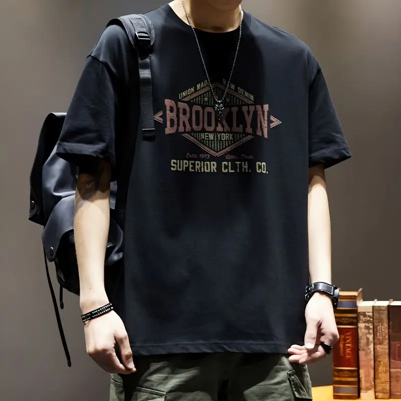 

Men's Trend Loose Youth T Shirts Summer New Short Sleeve Solid Print Letter All-match Fashion Tops Casual Vintage Men Clothing