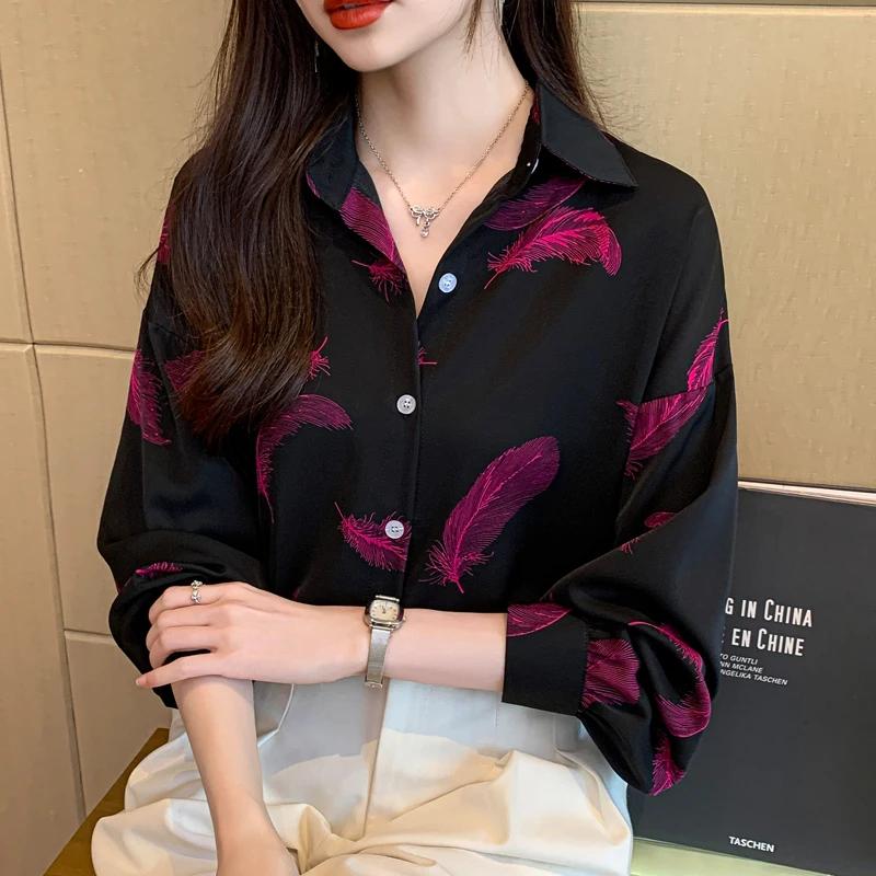 Chiffon Women's Shirt Spring/Summer Printed Vintage Blouses Loose Polo-neck Women Tops Long Sleeves Fashion Clothing