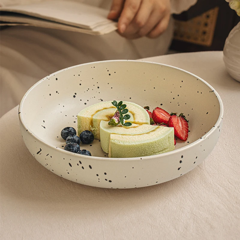 Simple 8 Inch Vegetable Bowl Ceramic Tableware Household Large Capacity Splash Ink Fruit Salad Bowls Matte Deep Plates