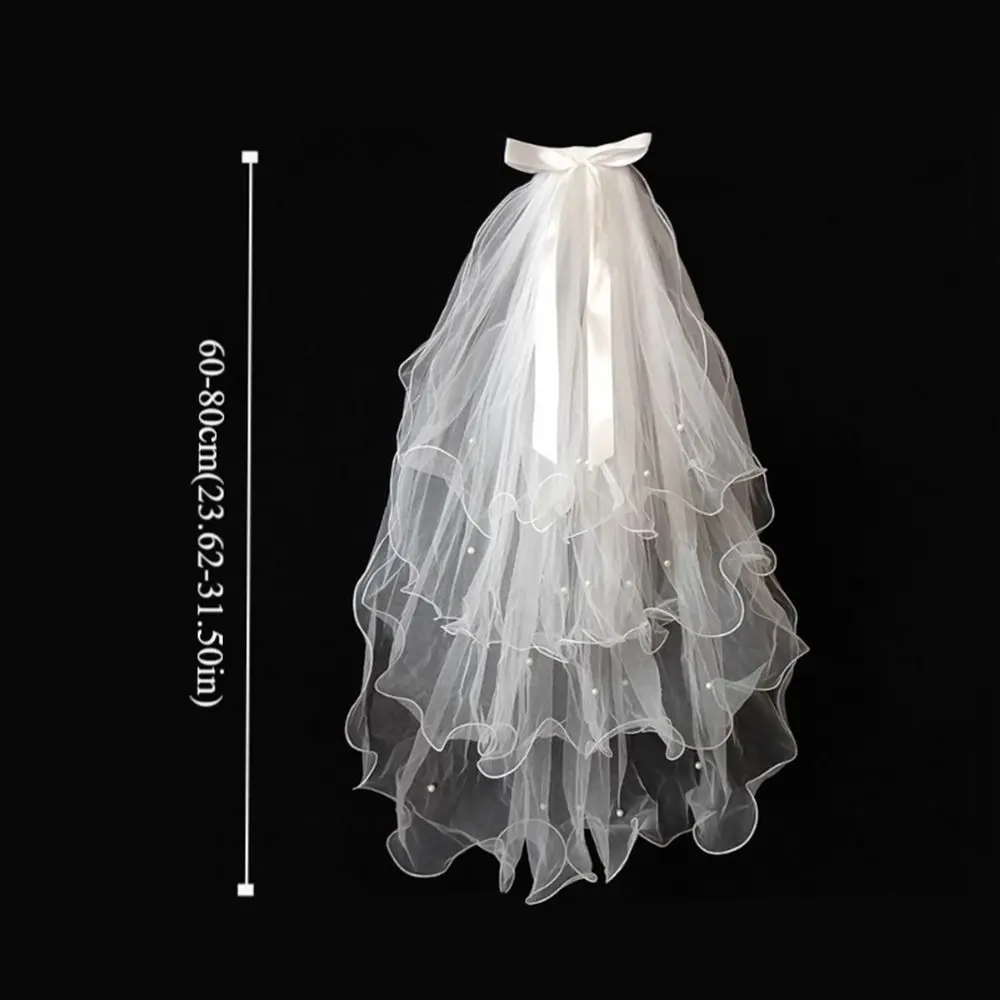 New Four-layer Bridal Veil Soft Tulle Curled Wedding Veils White Pearl Bow Ribbon Bride Head Gauze Wedding Accessories image 6