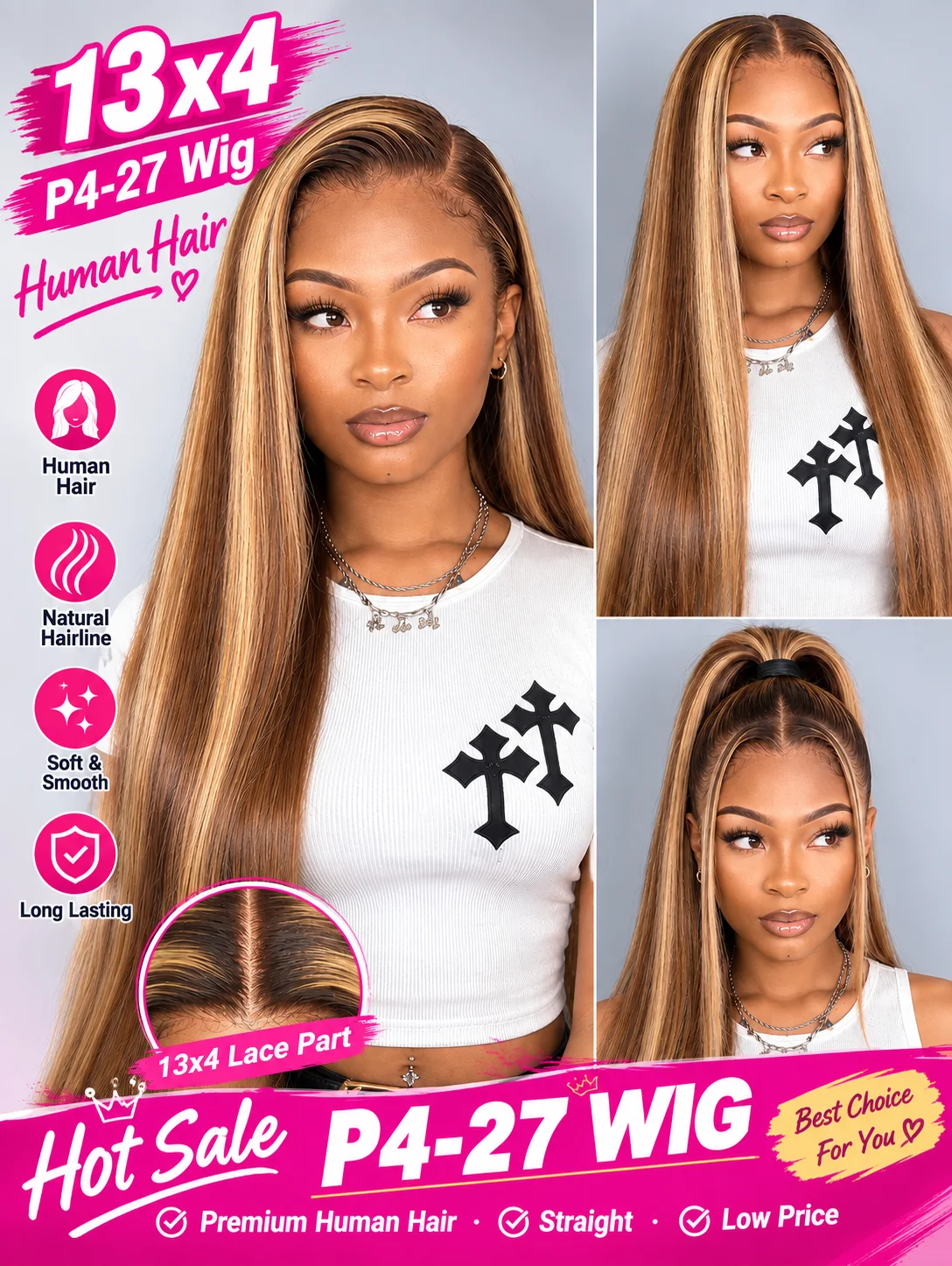 P4/27 Highlight 13x4 HD Lace Front Wig Human Hair Pre Plucked Pre Bleached Knots Straight Piano Color Wigs For Women