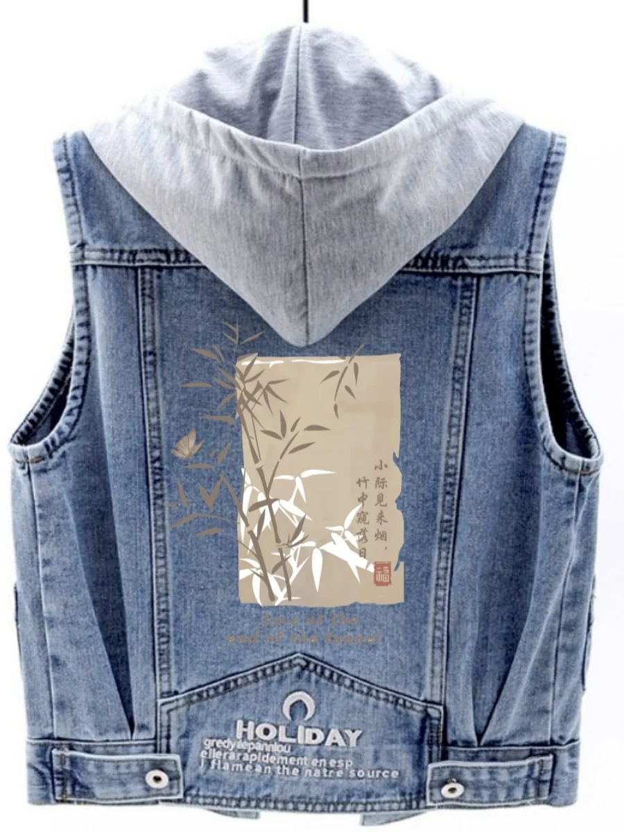 

Весенне-осенний джинсовый жилет с вышивкой и капюшоном, в стиле ретро, с художественным принтом, универсальный, повседневный, из хлопка и полиэстера.