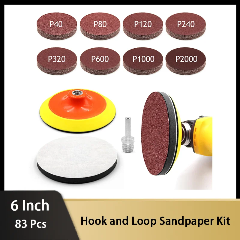 6 Inch Hook and Loop Sandpaper Kit 83 Pcs with 5/8-11 Threads and Backing Pad for Automotive Woodworking Angle Grinder