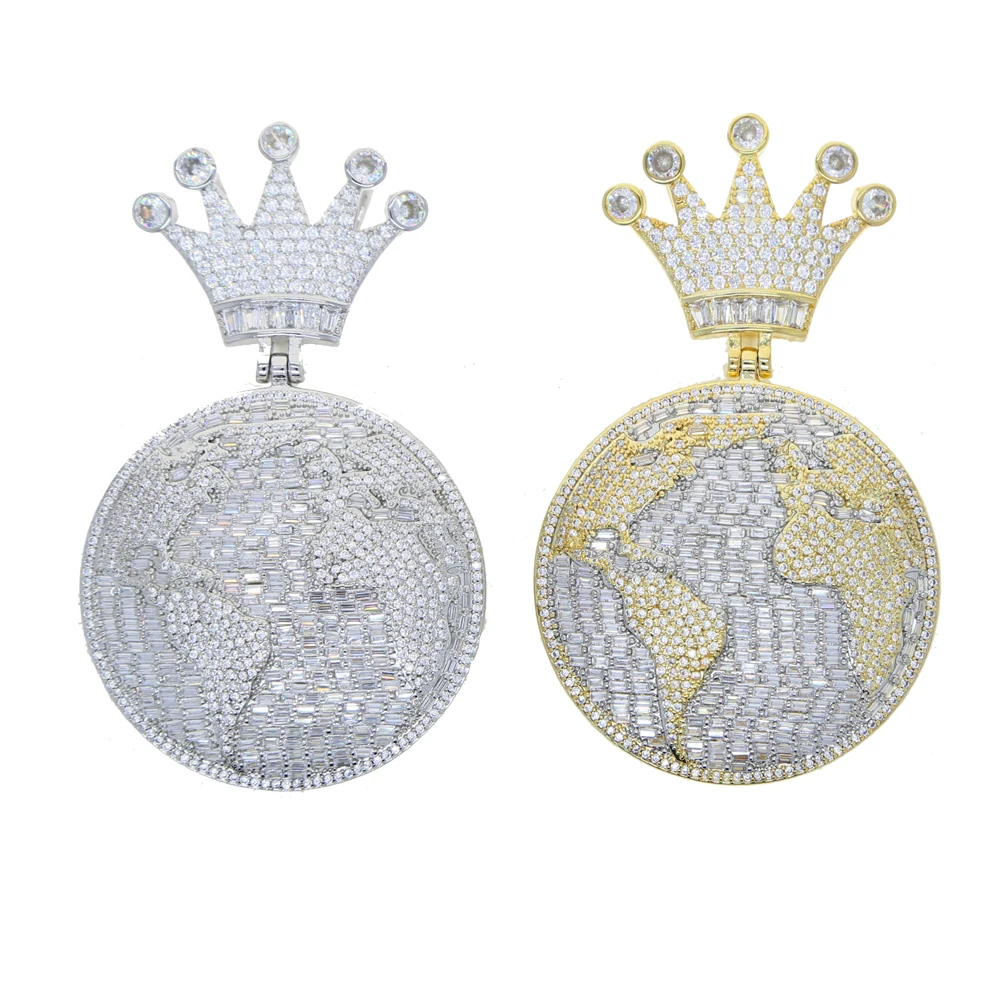 2025 Hip Hop Iced Out Bling 5A Cubic Zirconia Cool Globle Pendant Crown Shaped Pendant Necklaces With Rope Chain Jewelry For Men