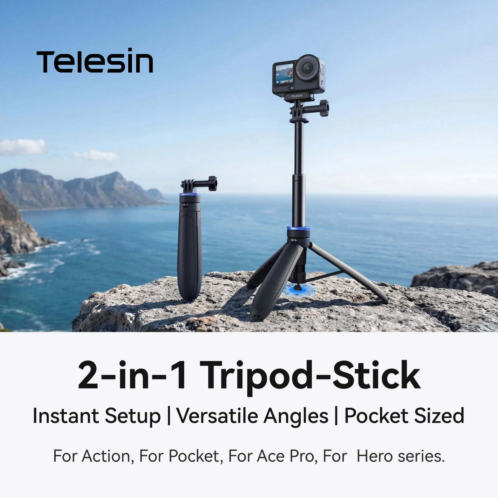 TELESIN Mini Quick Open Selfie Stick Tripod Aluminum alloy Stand for DJI Osmo GoPro Insta360 Action Camera Hand Grip Stand