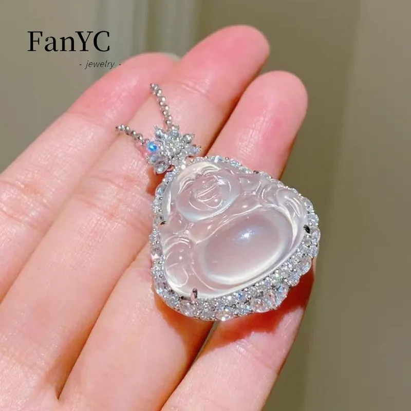 

S925 Silver Inlaid Natural High Ice White Chalcedony Buddha Gong Pendant Beautifully Carved Agate Jewelry Gift for Women