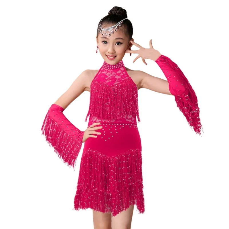 Girls Sequin Latin Dance Skirt Tassel Dress Children Fashion Cha Cha Salsa Tango Competition Dance Outfit Stage Costume