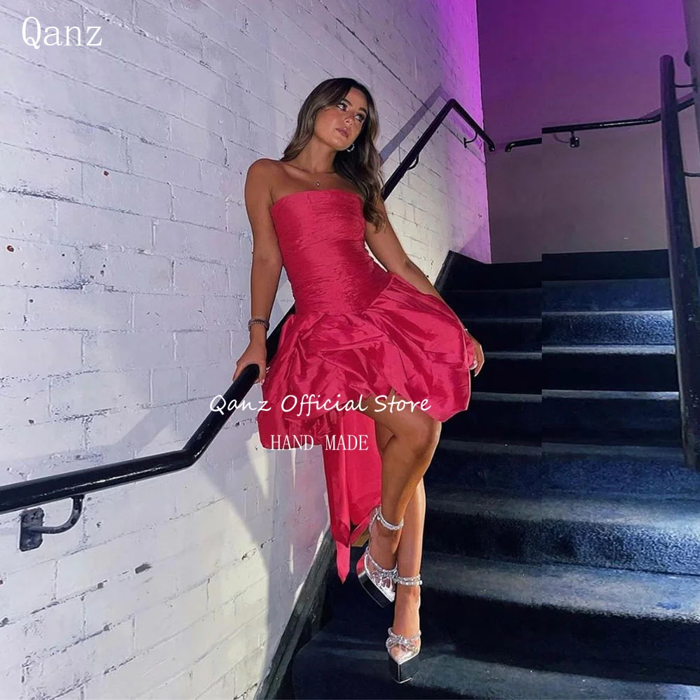 

Qanz Fuchsia Prom Dresses Strapless Classical Birthday Dress Women 2025 Taff Sleeveless Short Abiti Da Cocktail Customized