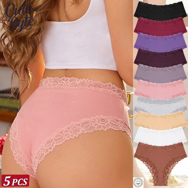 5 Stück/Set Damen Sexy Spitzen-Slips Nahtlose Baumwoll-Brasilianer-Slips Weiche Unterwäsche mit Niedrigem Bund Trendige Patchwork-Spitzen-Höschen