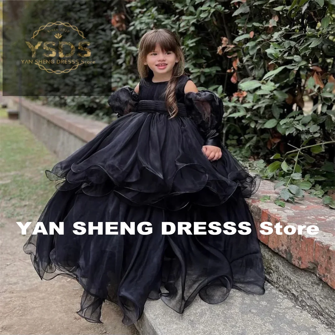 

Tiered Ruffle Wedding Flower Girl Dresses Scoop Neck Puff Sleeve Princess Pageant Dress Floor Length First Communion Party Gown