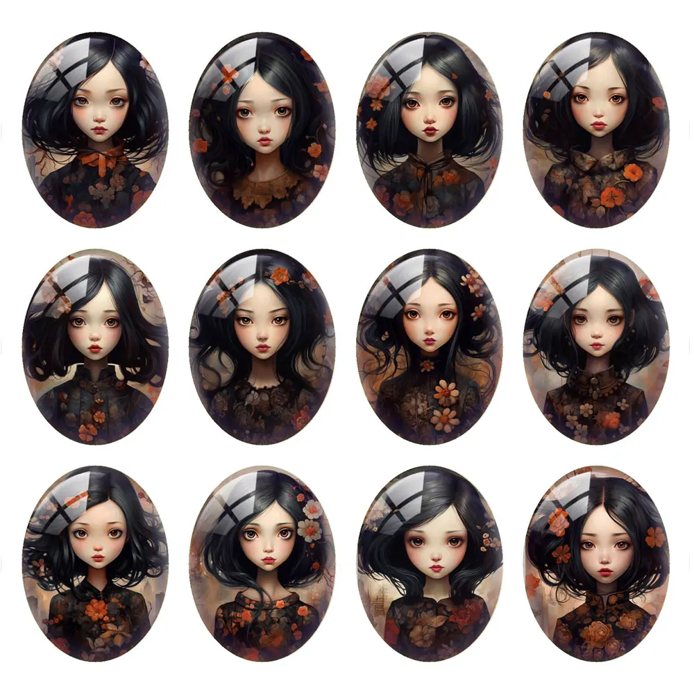 10pcs/lot Japanese Beauty Girl Flower Oval Photo Glass Cabochon Flatback Demo Cameo Diy Jewelry Making