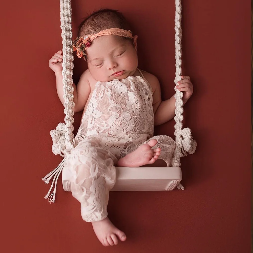 Vintage Wooden Prop Macrame Swing for Newborn Photography Props Babies Infants Photo Shooting Chair Pod Accessories Fotografia