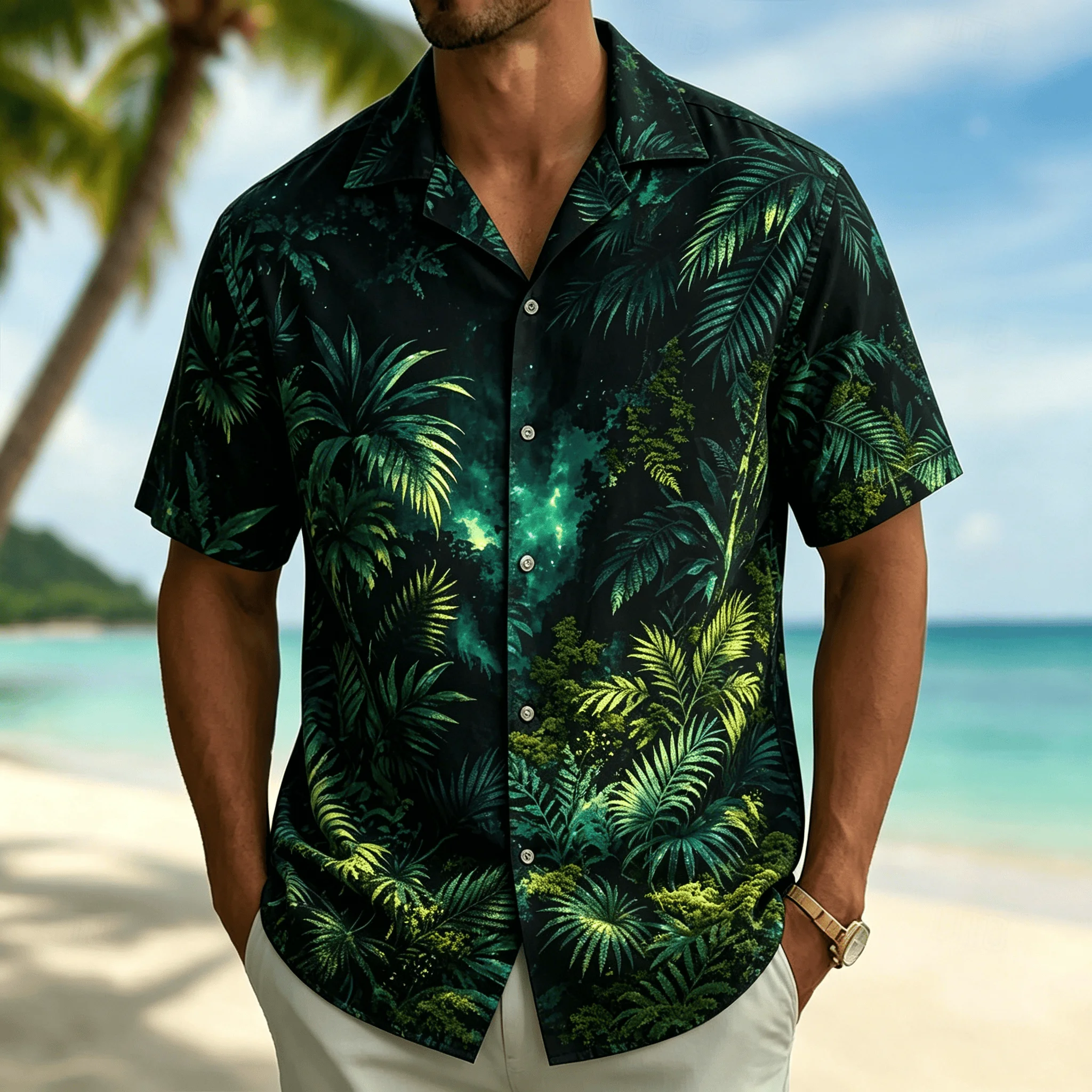 Advanced Dark Ink Style Black and White Palm Leaf Men's Loose Commuting Lazy Breathable Versatile Casual Top