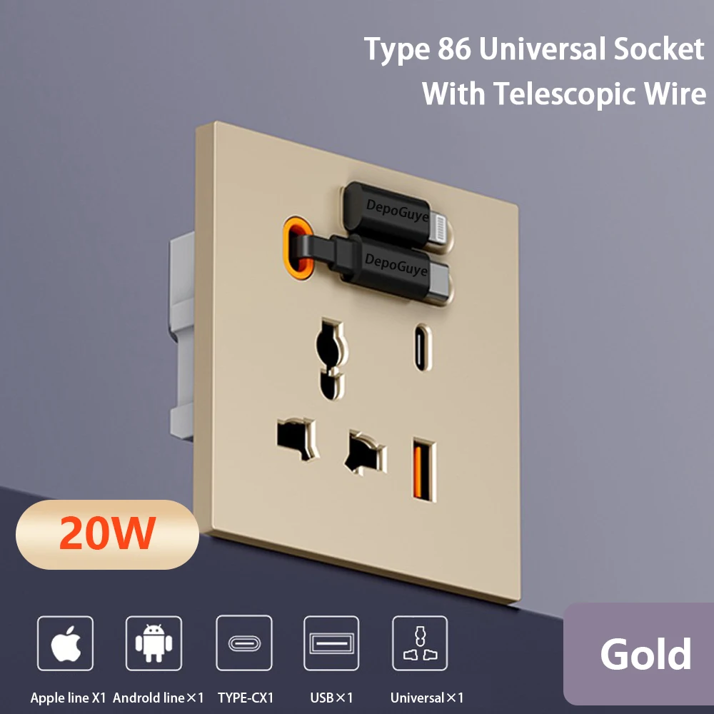 86 Type Universal 20W USB Type-C Socket Panel With Expandable Charging Cable Outlet,UK Mobile phone charging Type-c Socket view 5