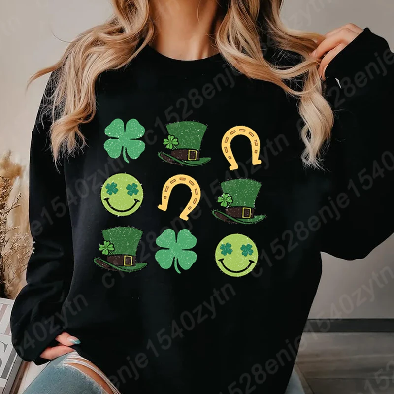 Autumn Winter Women's Tops St Patrick's Day Print O Neck Hoodless Pullovers Ladies Casual Sweatshirts Soft Solid Color Pullovers