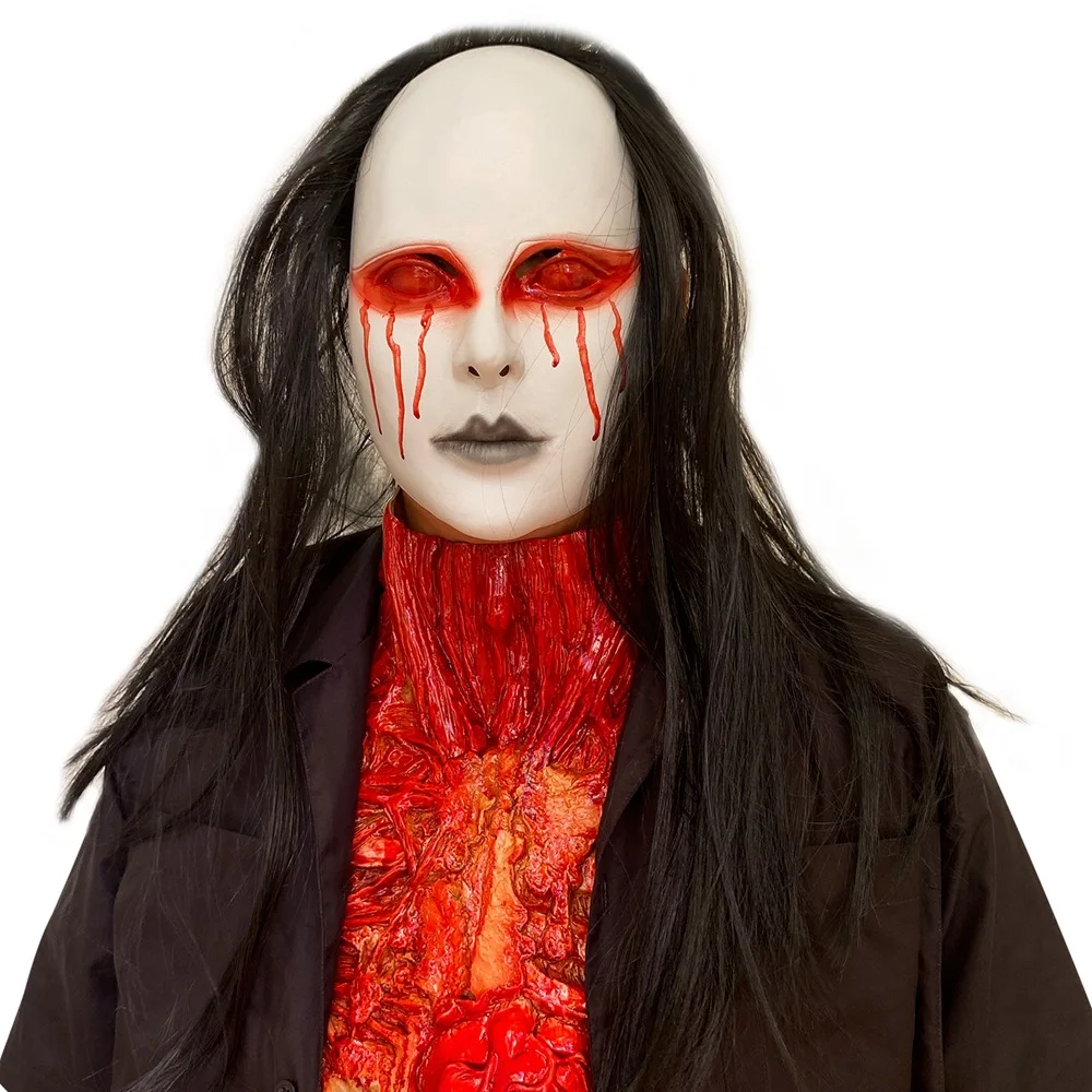 

New Halloween terrifying and bloody mask with a distorted face for zombies. Black long-haired zombie latex headgear.