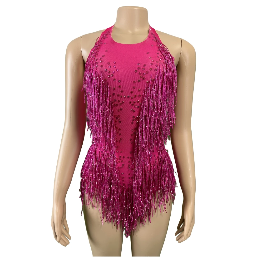 

Latin Dance Rose Red Bodysuits Women Rhinestone Fringe Body Suits Backless DJ DS Gogo Drag Queen Outfit Tassel Performance