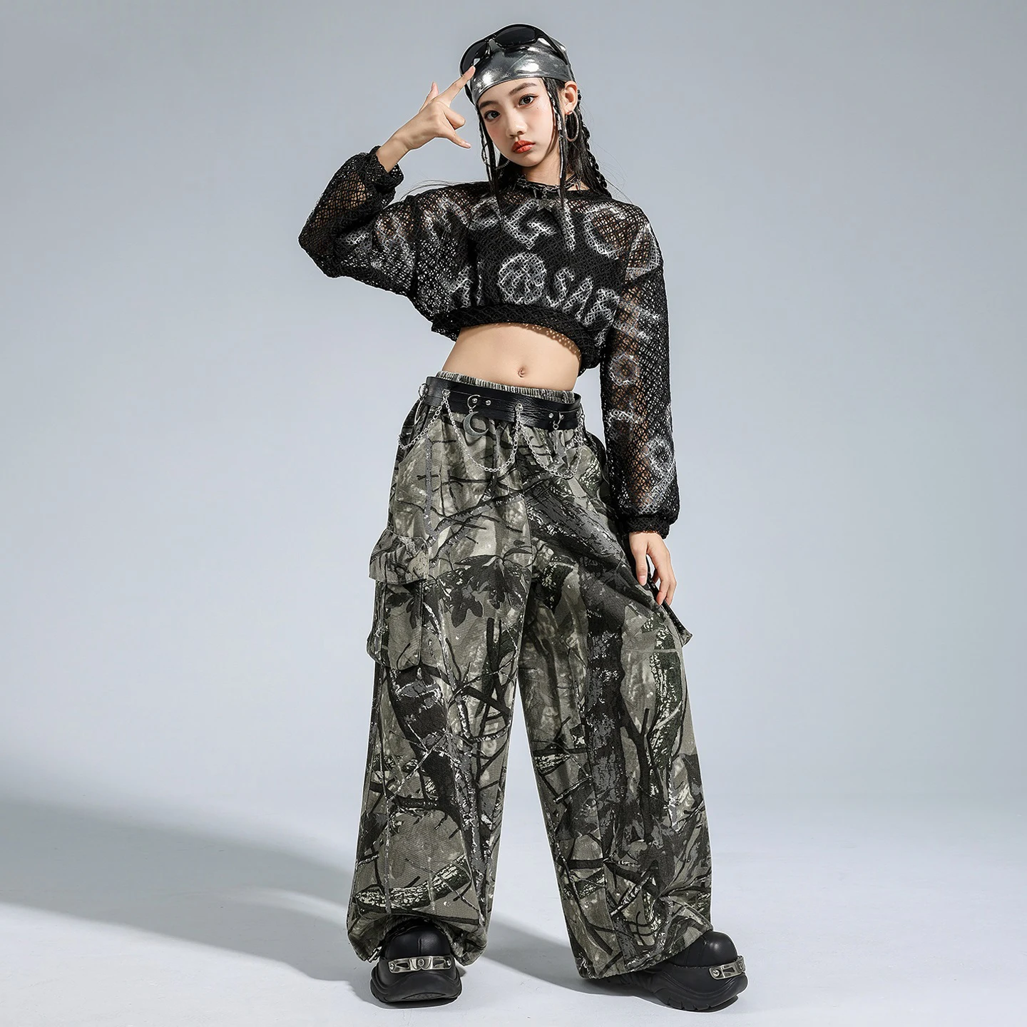 

Крутая одежда Kpop для девочек, детский костюм для джазовых танцев, черные топы с сетчатым пупком, мешковатые штаны, танцевальная одежда в стиле хип-хоп BL17637