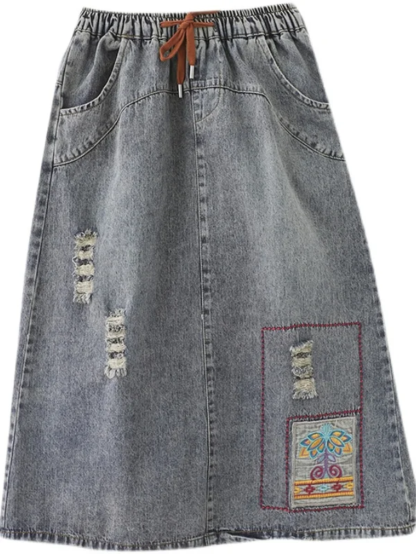 Retro bestickter Jeansrock für Damen, lässig, locker, A-Linie, Midirock, schlankmachend, hohe Taille, Vintage, Frühling, Sommer, Herbst, neue Ankunft...