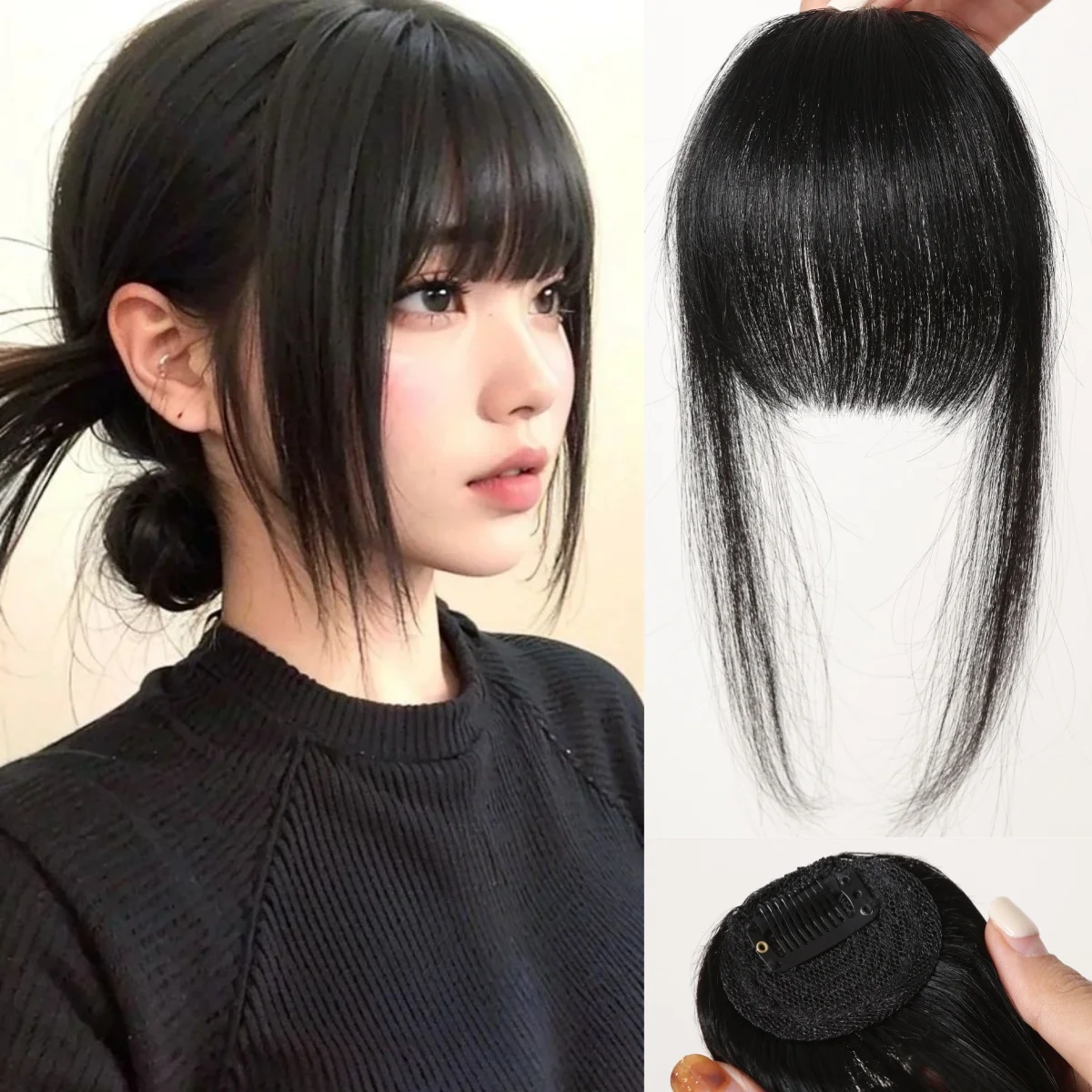 

Натуральная черная воздушная челка для женщин, заколка с тупой стрижкой, тонкая челка, наращивание волос, 100% бахрома из человеческих волос Remy, тонкая бахрома