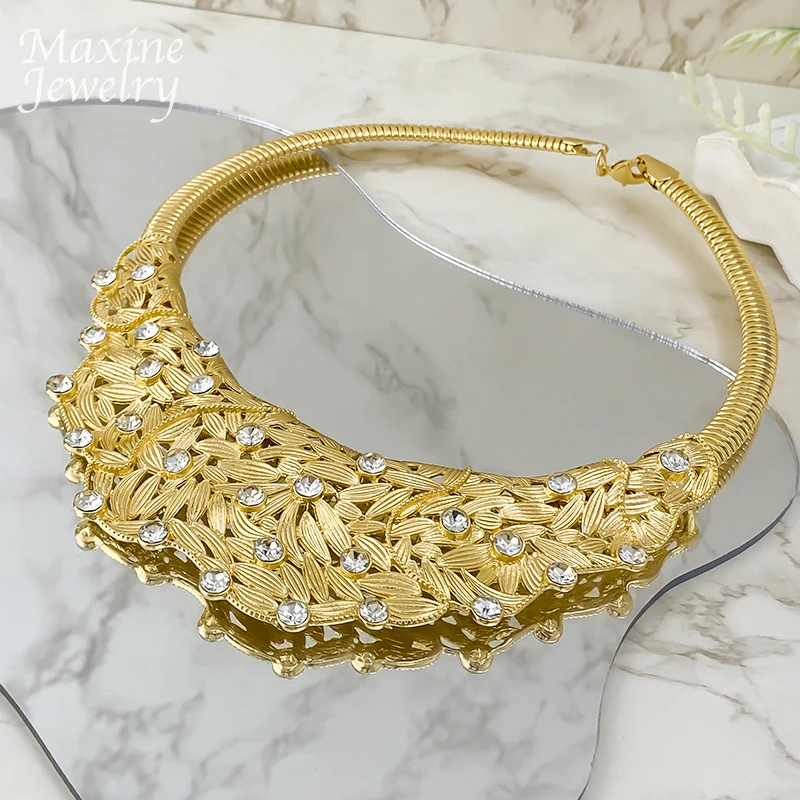 Big Size Dubai Rhinestones Collar Chunky Gold Plated Jewelry Set Women Necklace Earring Bracelet Ring Bridal Wedding Party Gift view 2