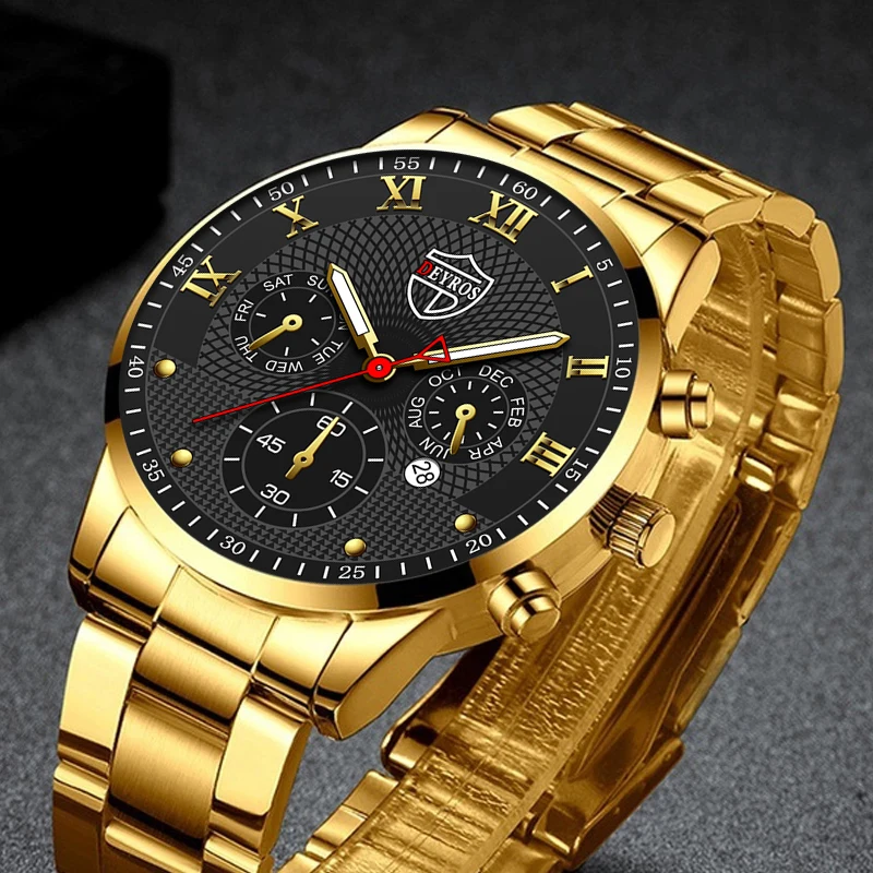 Luxury Business Quartz Leather Watches for Men 2023 Golden Yellow Stainless Steel Calendar Casual Man\' Watches relogio masculino