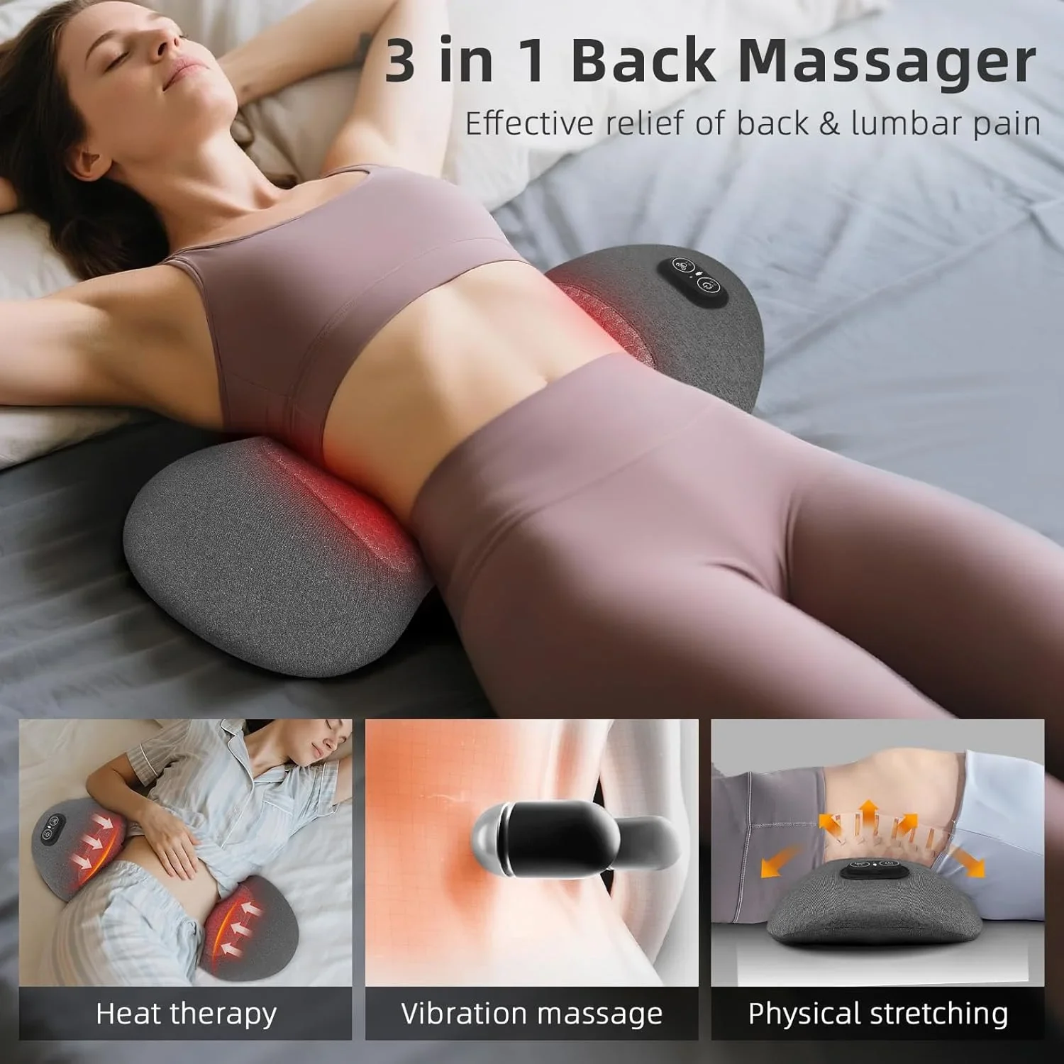 3 in 1 Electric Lumbar Support Pillow with Heat, Vibration, Traction - Adjustable Smooth Spine Back Massager for Lower Back Pain