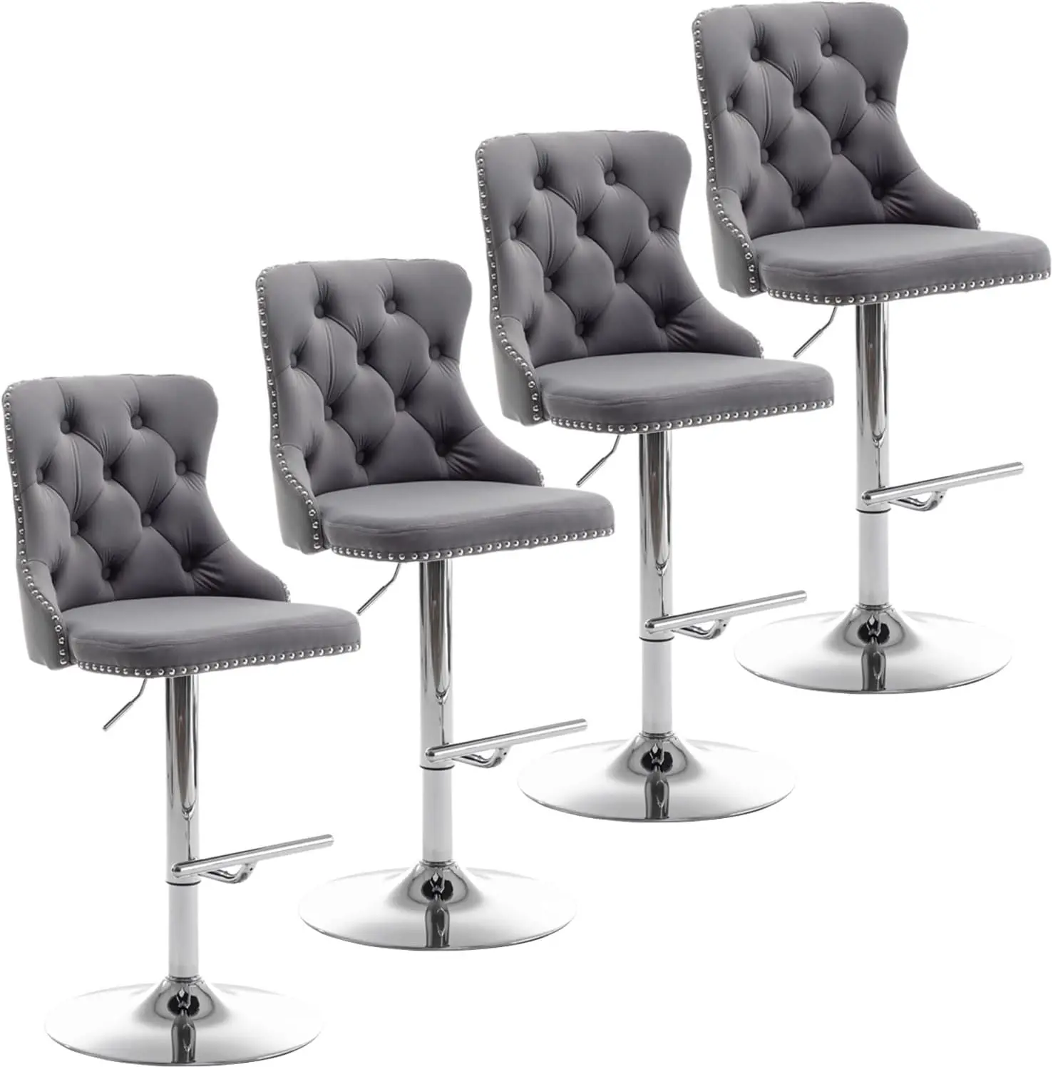 Velvet Bar Stools Set of 4, Swivel Counter Height Bar Stools with Nailheads Trim and Button, Adjustable Barstools for Kitchen Is