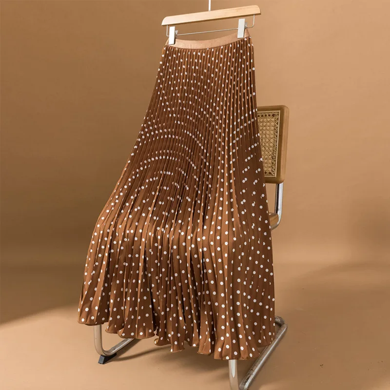 

Women Fashion Elastic High Waist Slim Skirt Spring Summer Polka Dot Pleated Long Skirt Elegant Office Lady Holiday Skirts