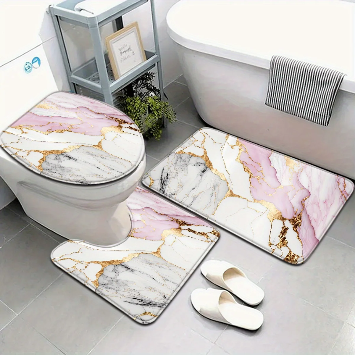 

3-Piece Pink, White and Gold Marble Bath Mat Set with Toilet Seat and U-Shaped Contour Rug, Machine Washable Polyester, Non-Slip