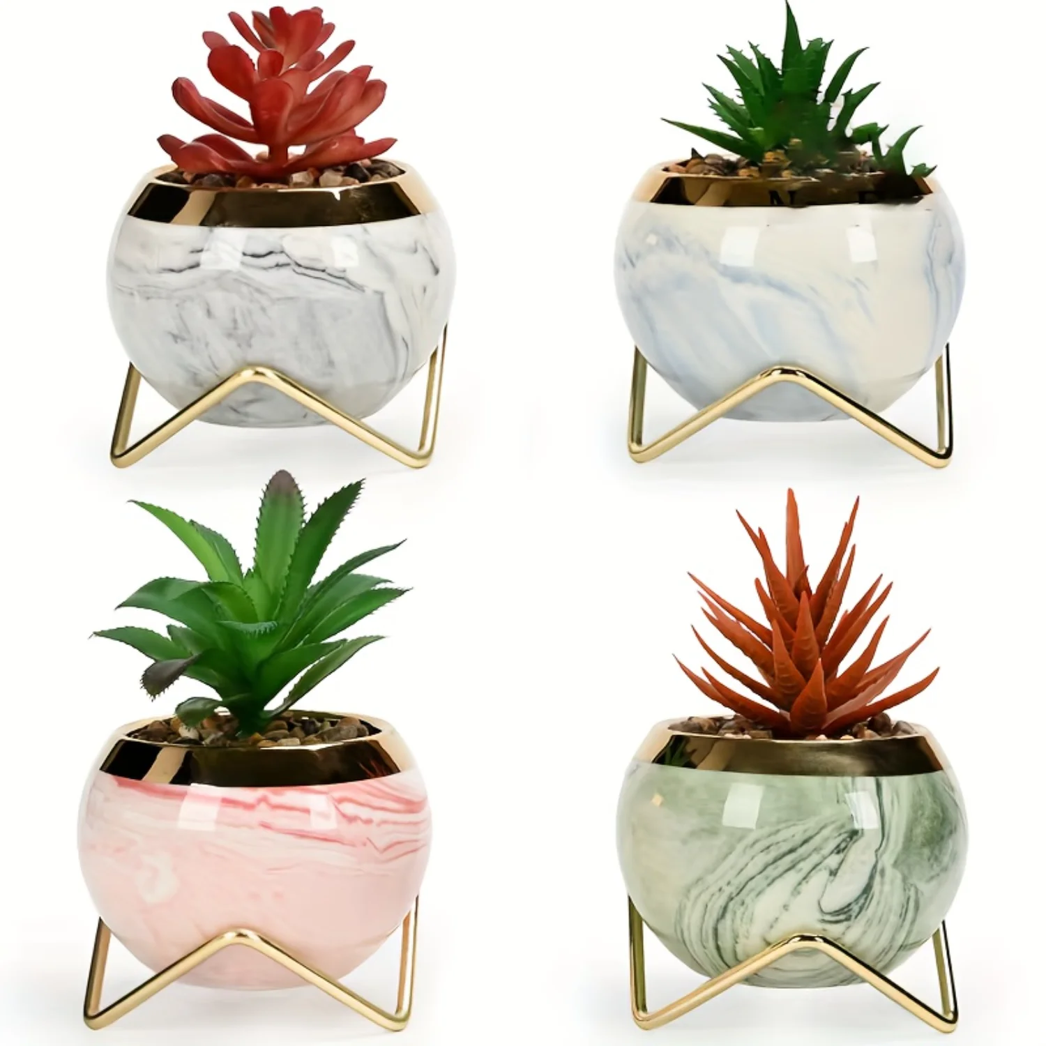 4pcs Nordic Golden Edge Marble Succulent Ceramic Pots with Shelf - Office Desk Garden Gift, Flower Planter with Drainage Hole & 