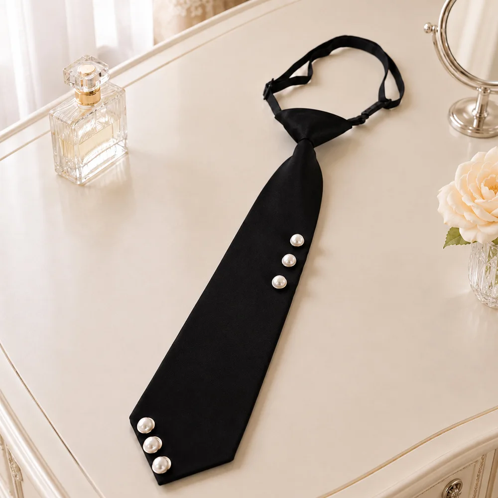 Black Pearl Tie for Women Pre Tied Necktie with Pearls French Vintage Elegant Shirt Collar Accessory Office Dinner Party