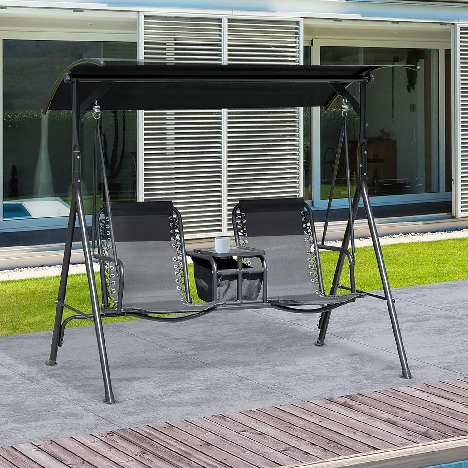 Out sunny 2-Sitzer Patio Schaukel, Outdoor Baldachin Schaukel gleiter mit Pivot Aufbewahrung tisch, Getränke halter, verstellbarer Schatten, Bungie