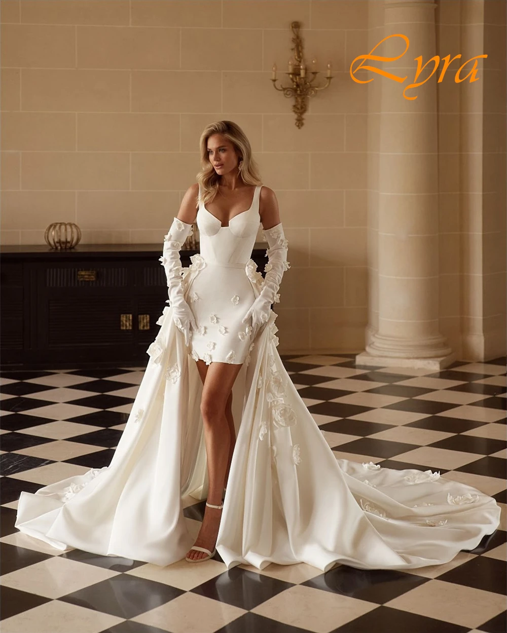Customized Sexy V-Neck Satin Evening Dress Exquisite Flowers Chapel Train Wedding Dresses High Quality Special Occasion Gowns