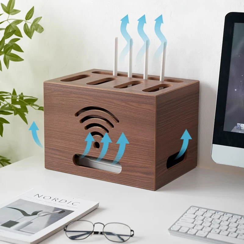 

Black Walnut Wood Desktop Cable Organizer with Multifunctional Compartments Dustproof Design Space-Saving Power Cord Management