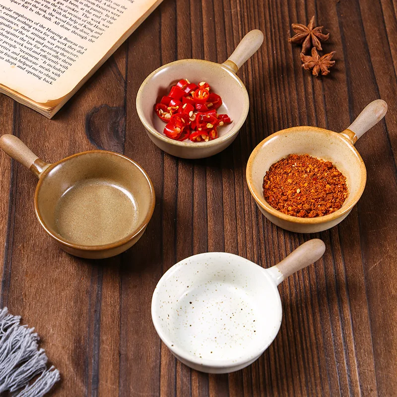 1 قطعة قارب المرق السيراميك طبق التوابل اليابانية الفخار الخشن مع مقبض غمس طبق صلصة الصويا طبق الخل الحار طبق الخردل