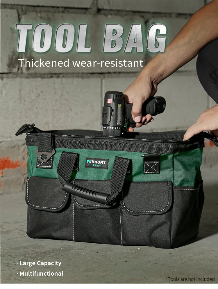 Heavy Duty Tool Bag 13/15-Inch with Adjustable Shoulder Strap, 14-Pocket Portable Empty Tool Box Organizer, Big Storage Toolbox Organization, Soft Handle Large Zipper Carrying Toolbag, Father Day Gifts for Him Dad Men, Green