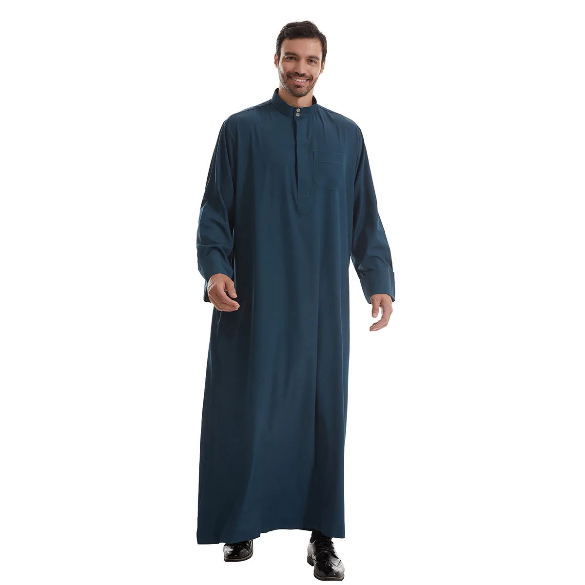 Men\'s Muslim Robe Islamic Ramadan Juba Kaftan Dishdash Arabian Robe Solid Color Long Sleeve Collar Loose T-shirt Dress Tunic