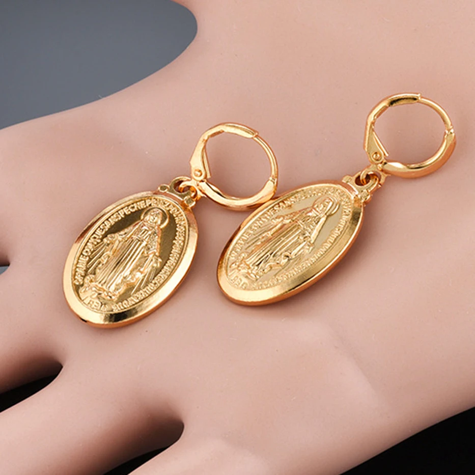 Catholic Gift Gold Color Madonna Medal/Crucifix Cross/Virgin Mary/Rosary Drop Earrings for Women Dropshipping