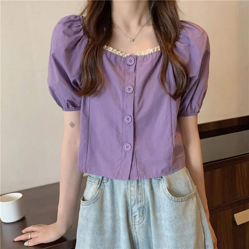 Summer New Purple Chic Short Top French Square Collar Shirt Fashionable Bubble Sleeve Chiffon Shirt