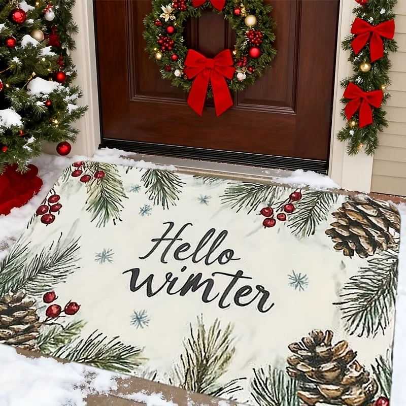 Hello Winter Pine Cone Doormat, Pine Branch Berry Snowflake Printed Floor Rug, Indoor Winter Entrance Decor