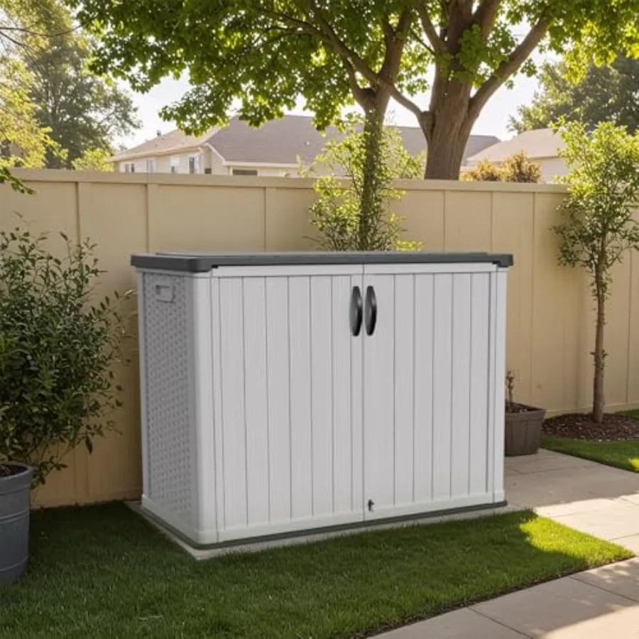 Outdoor storage cabinet for patio and garden use, made of durable ft plastic, gray color, lockable and waterproof horizontal de